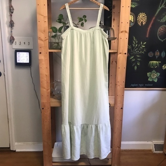 Magaschoni Pastel Mint Green Organic Gauze Crochet Tiered Midi Dress - Picture 4 of 12